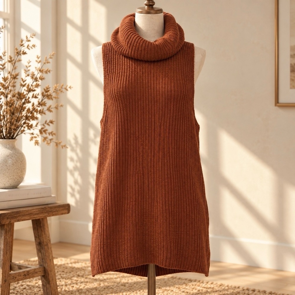 Free People Earthy Lambswool Sweater Vest L Rust Turtleneck Split Back Autumn
